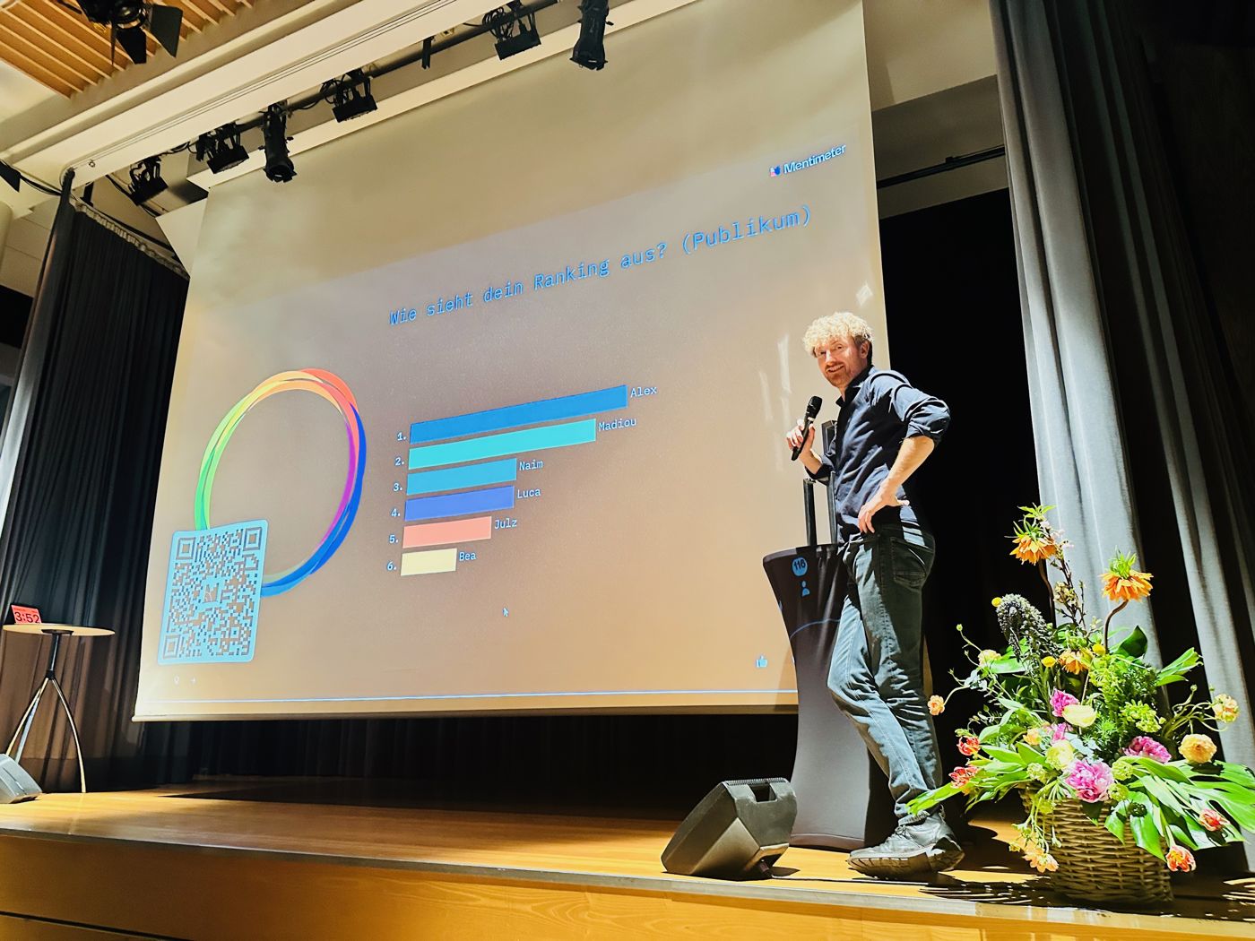 Moderation vor der Leinwand mit einer Balkengrafik zur Publikumsabstimmung