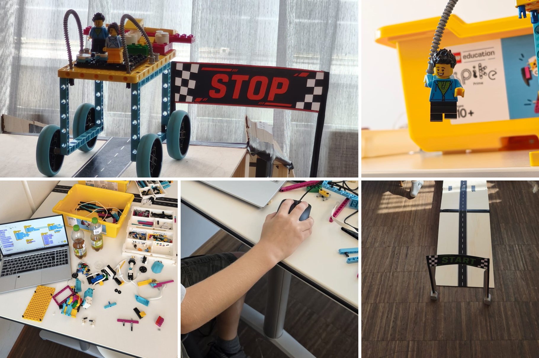 Collage vom Robo Race: Roboter, LEGO-Figur, Bauteile, Programmieren und Rennstrecke